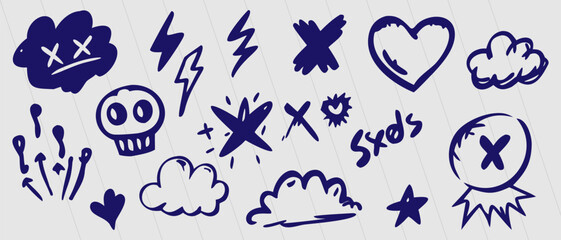 Blue Graffiti Doodle Sticker Set with Hearts, Smiley Faces, Lightning Bolts, Clouds and Urban Street Art Elements © Radika