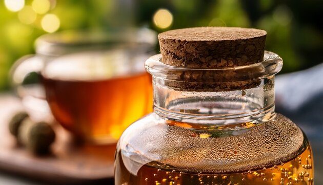 Glass Jar With Cork Stopper And Bubbles In Blurred Tea Setting Close Up
