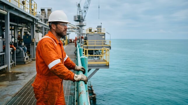 Engineer in protective gear observing operations on a marine platform
