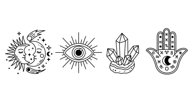 Esoteric Symbols: Sun, Moon, Evil Eye, Crystals, Hamsa Hand Line Art Icons