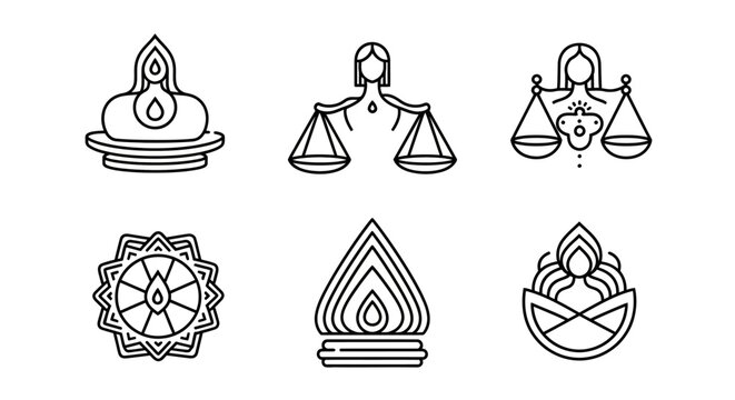 Jainism Symbols Icons: Ahimsa, Karma, Dharma, Tirthankara, Lamp, Wheel
