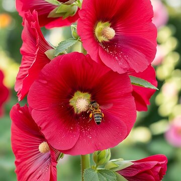 Vibrant Red Hollyhock Flower with Bee Pollinating in Sunny Garden