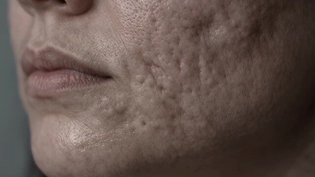 Close Up of Woman Face Showing Acne Scars and Skin Texture Dermatological Treatment and Care Concept