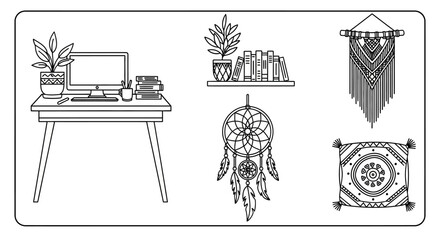 Bohemian Home Decor Line Art Icons: Desk, Books, Plants, Dreamcatcher © kumara