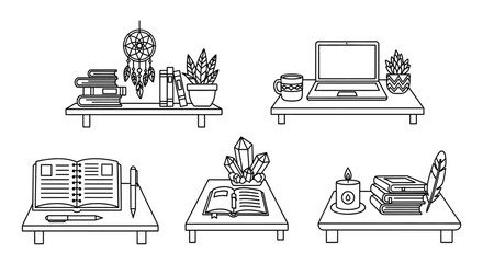 Boho desk setup line art with books, laptop, crystals, and dreamcatcher © kumara