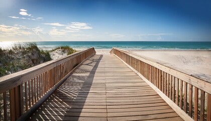 Naklejka premium Wooden Boardwalk Leading To A Beach The Boardwalk Is Made Of Light Colored Wood Planks And Is Empty The Beach Is Sandy And The Ocean Is Visible In The Background