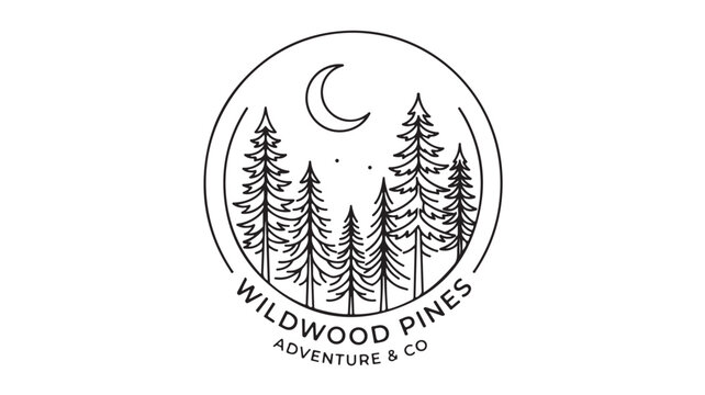 Wildwood Pines Adventure and Co logo featuring pine trees and crescent moon in circular black line art style