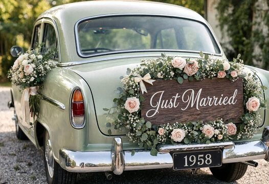 Vintage car beautifully decorated with just married sign and flowers for a wedding celebration scene