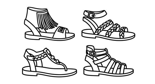 Collection of four gladiator sandals and fringe bootie, line art, summer footwear