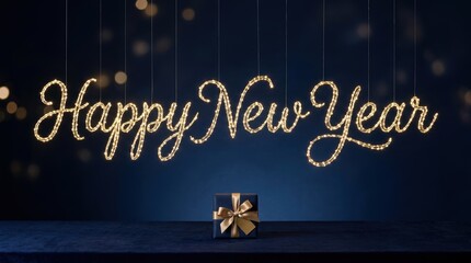 Naklejka premium Illuminated Happy New Year sign with a gift box on a table