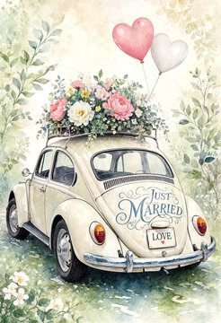 Vintage wedding car decorated with flowers and just married sign driving through nature scene