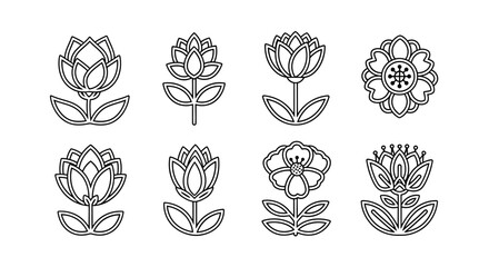 Set of stylized floral icons, line art, folk art inspired, simple decorative elements © kumara