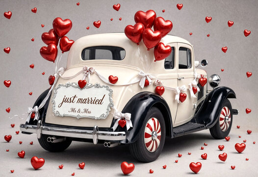 Vintage wedding car decorated with red heart balloons and just married sign ready for celebration