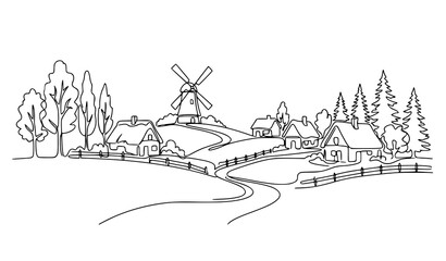 Fototapeta premium Countryside Village Line Art Vector One Line Windmill House Landscape Illustration for Rural Minimal Design