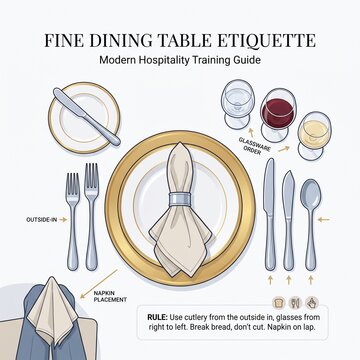 Create an elegant educational infographic explaining fine dining table etiquette with properly arranged cutlery