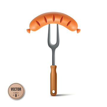 Vector 3d Sausage on Fork with Wooden Handle. Grilled Sausage, Barbecue Sausage Vector Isolated for BBQ Menu, Oktoberfest Design, Food Packaging, Butcher Labels, Cooking Concept