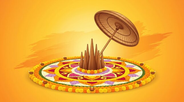 Traditional onam pookalam floral rangoli with decorative wooden umbrella and conical clay structures onam festival