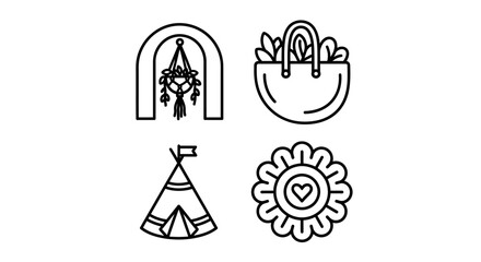 Boho Icons: Macrame Arch, Tote Bag, Teepee, Flower - Line Art Collection © kumara