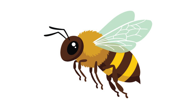 A cute buzzing honey bee character with yellow and brown stripes flying in a flat style