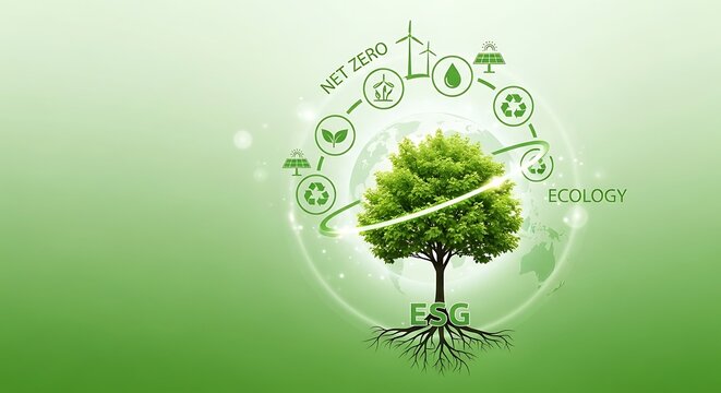 Green Tree with Sustainability Icons on Soft Green Environmental Background