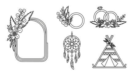 Boho Wedding Elements: Arched Frame, Rings, Dreamcatcher, Teepee, Floral Accents © kumara