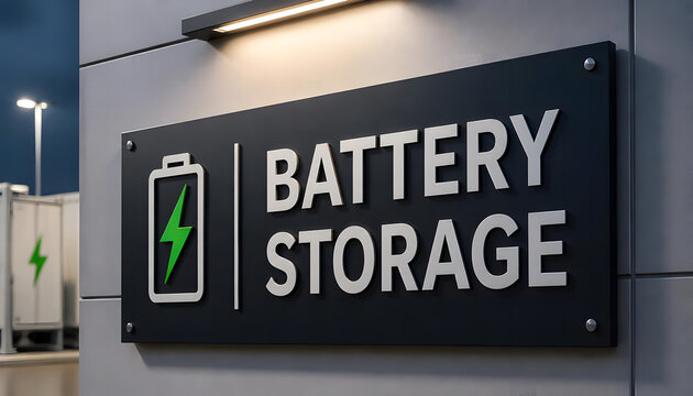 Battery Storage industrial sign with green lightning bolt icon