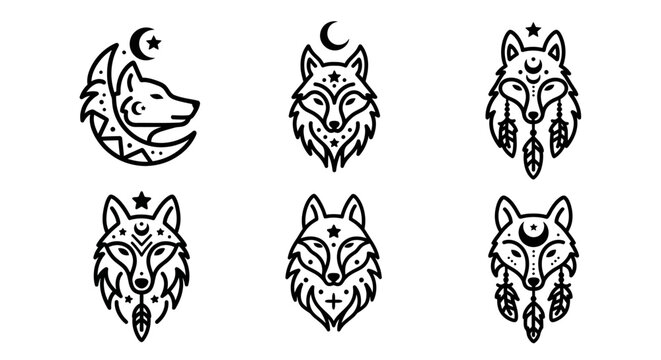 Boho Wolf Head Icons Set: Crescent Moon, Stars, Feathers, Dreamcatcher, Celestial