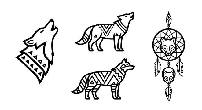 Tribal Wolf Icons and Dreamcatcher - Indigenous Art Style