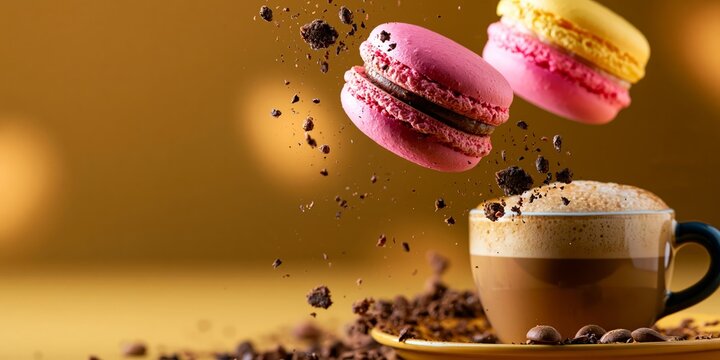 Pink and yellow macarons falling into a cup of coffee with chocolate crumbs exploding in air against a golden background.
