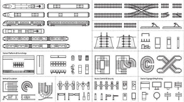 Railway station architectural plan set with train carriages tracks escalators and signage elements in vector line art