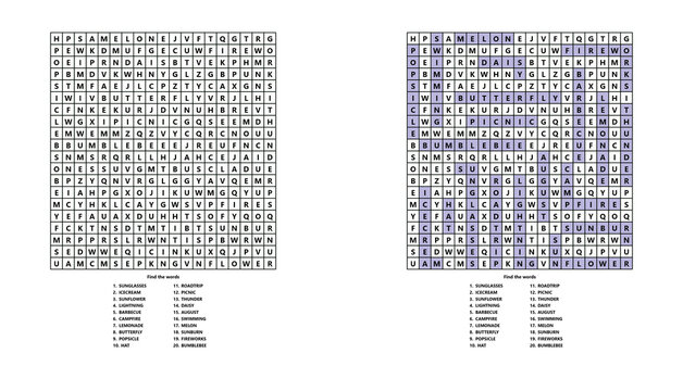 Summer word search activity sheet with puzzle and answers  