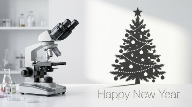 Happy New Year celebration in a modern laboratory setting with a microscope and festive tree