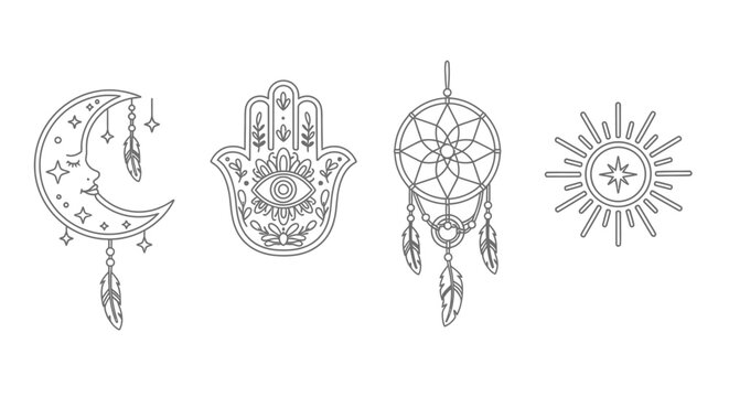 Boho Celestial Icons: Moon, Hamsa Hand, Dreamcatcher, Sun Line Art