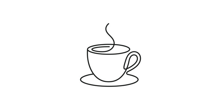 Minimalist continuous line drawing of a steaming coffee cup.