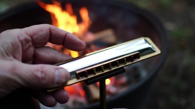 Close-up of hands playing harmonica by a campfire, outdoor leisure and music
