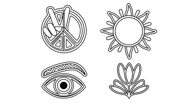 Boho Style Icons: Peace Sign, Sun, Eye, Lotus Flower Outline Vector Art