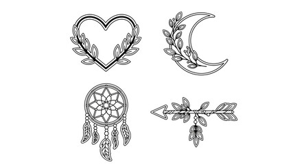 Boho Elements: Heart, Crescent Moon, Dreamcatcher, Arrow with Leaves & Feathers - Line Art © kumara