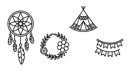 Bohemian Icons: Dreamcatcher, Teepee, Wreath, Bunting - Line Art Collection © kumara