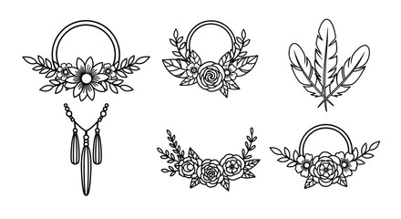 Bohemian floral wreath and feather designs, hand-drawn vector elements for decoration © kumara