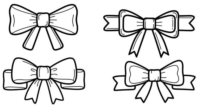 Set of four elegant bow tie drawings, outline vector graphics