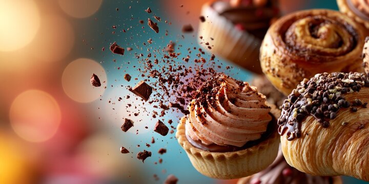 Indulgent chocolate pastries featuring a tart with cream and a croissant, surrounded by exploding crumbs against a warm bokeh background.