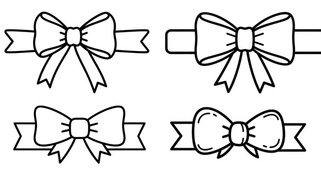 Set of four hand-drawn bow ribbon icons, simple line art, decorative elements