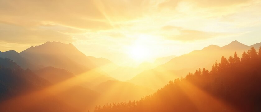 A golden sunrise illuminates a mountain range with silhouetted pine trees, casting warm rays and creating a serene, glowing landscape.