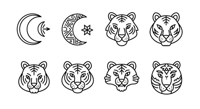 Lunar Tiger Icons: Stylized Crescent Moon and Tiger Faces in Outline Art
