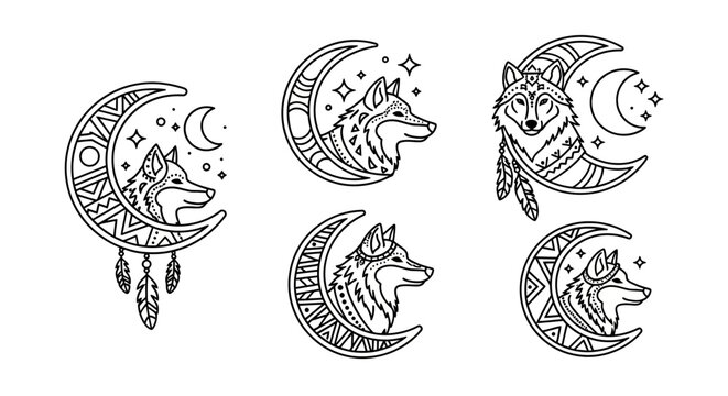 Boho Wolf Moon Tattoo Designs: Celestial Crescent and Feather Art