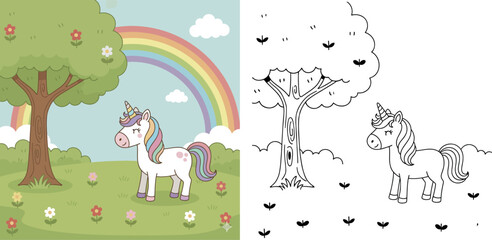 Cute cartoon unicorn with rainbow mane and tail standing in a sunny meadow with a tree and a large rainbow © Dewan