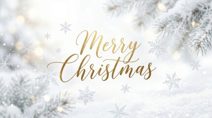 Obraz premium Elegant gold calligraphy wishing Merry Christmas amidst snowy winter scene