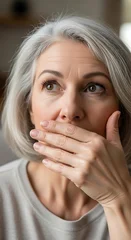 Surprised Mature Woman Covering Mouth in Soft Indoor Portrait © Capucino