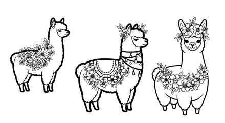 Fototapeta premium Three Decorative Llamas with Floral Embellishments, Line Art Illustration