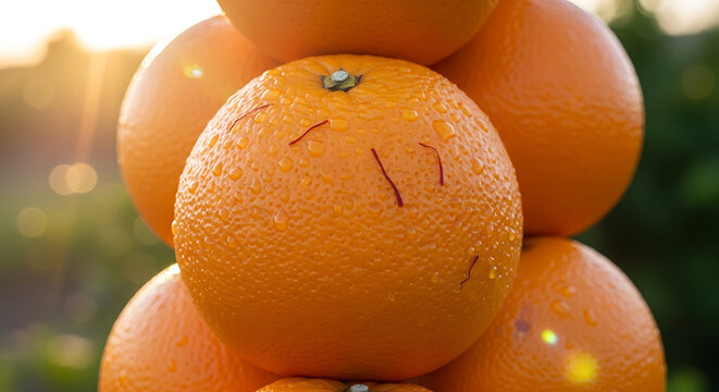Fresh orange fruit with water droplets and saffron threads under warm golden sunlight
